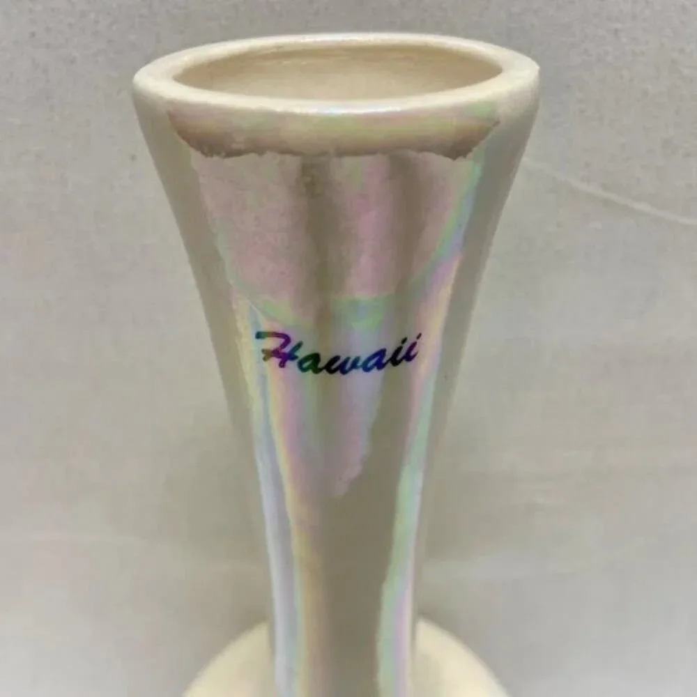 Hawaii Flower Vase Pearl Iridescent Ceramic Purple Hawaiin Iris Orchid‎ 7.5